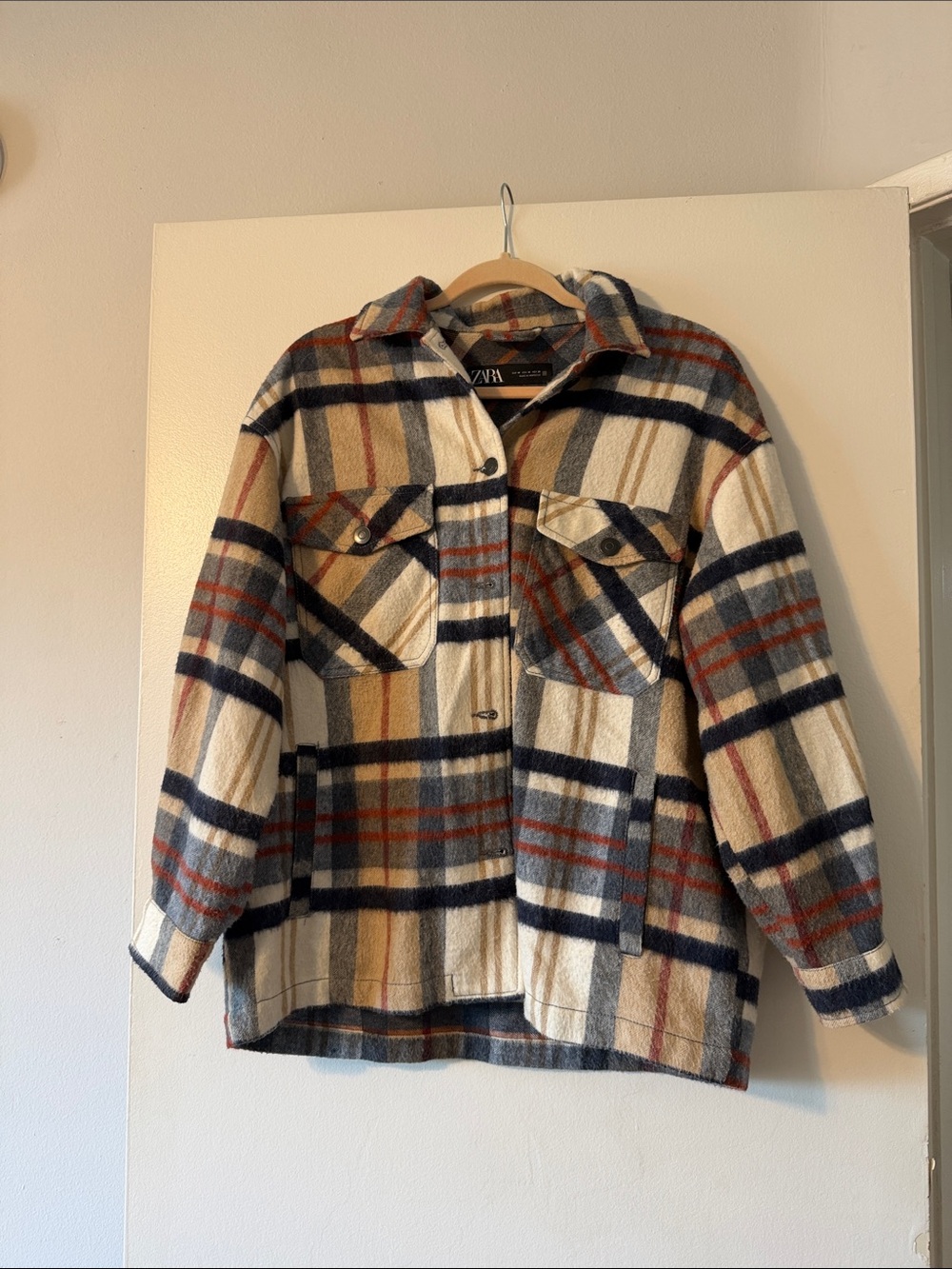 Zara Plaid Shacket in Cream, Navy & Rust